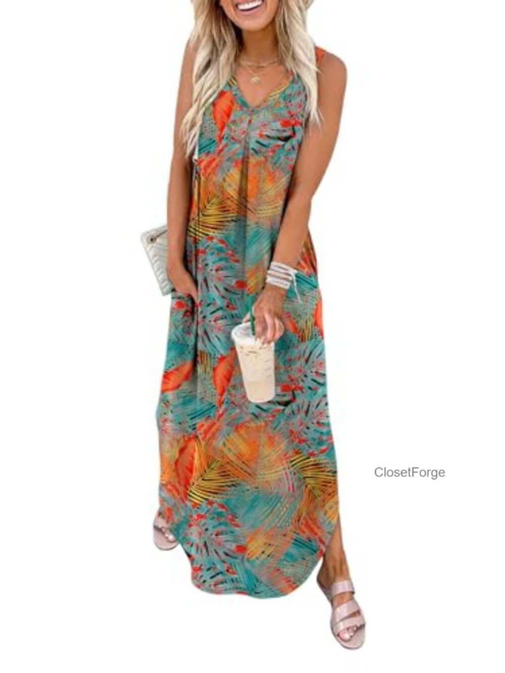 Women's Maxi Dress V-Neck Sleeveless Loose Beach Vacation Sundress with Pockets